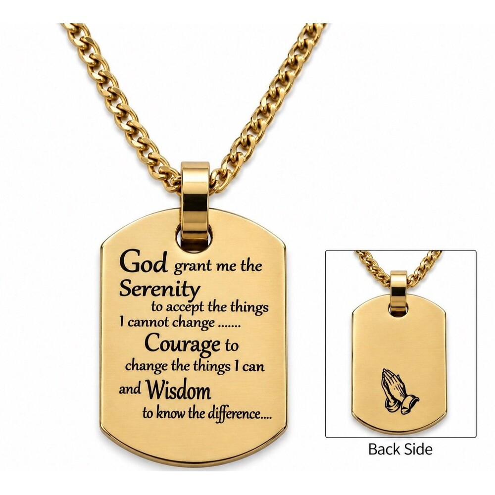 Gold Serenity Prayer Dog Tag Pendant Necklace Stainless Steel AA Gift Sobriety